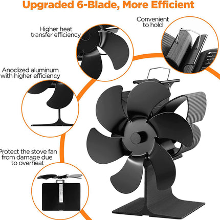 6 Blades Heat Powered Wood Stove Fan